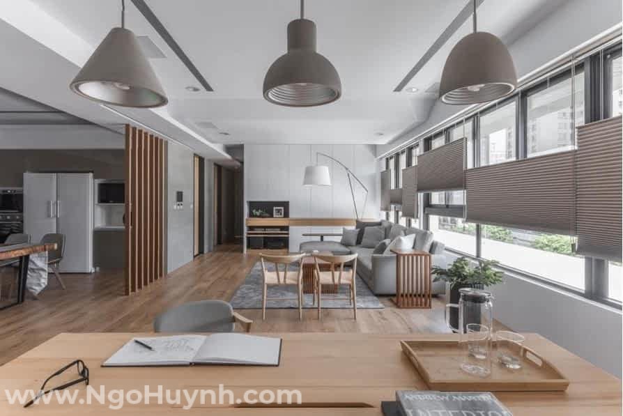 thiết kế phòng khách liền kề với phòng bếp
